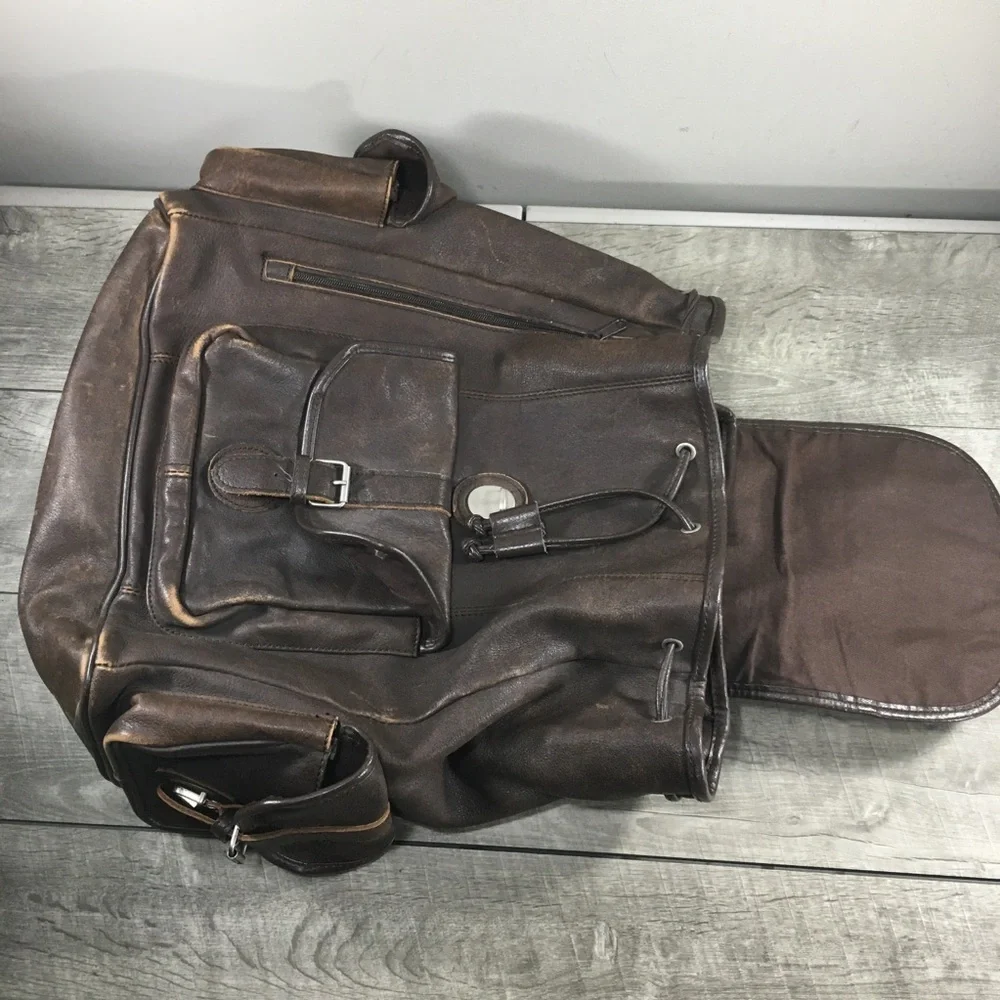 Vintage Brown Leather Book Pack Camping School Day Knapsack Backpack Rucksack